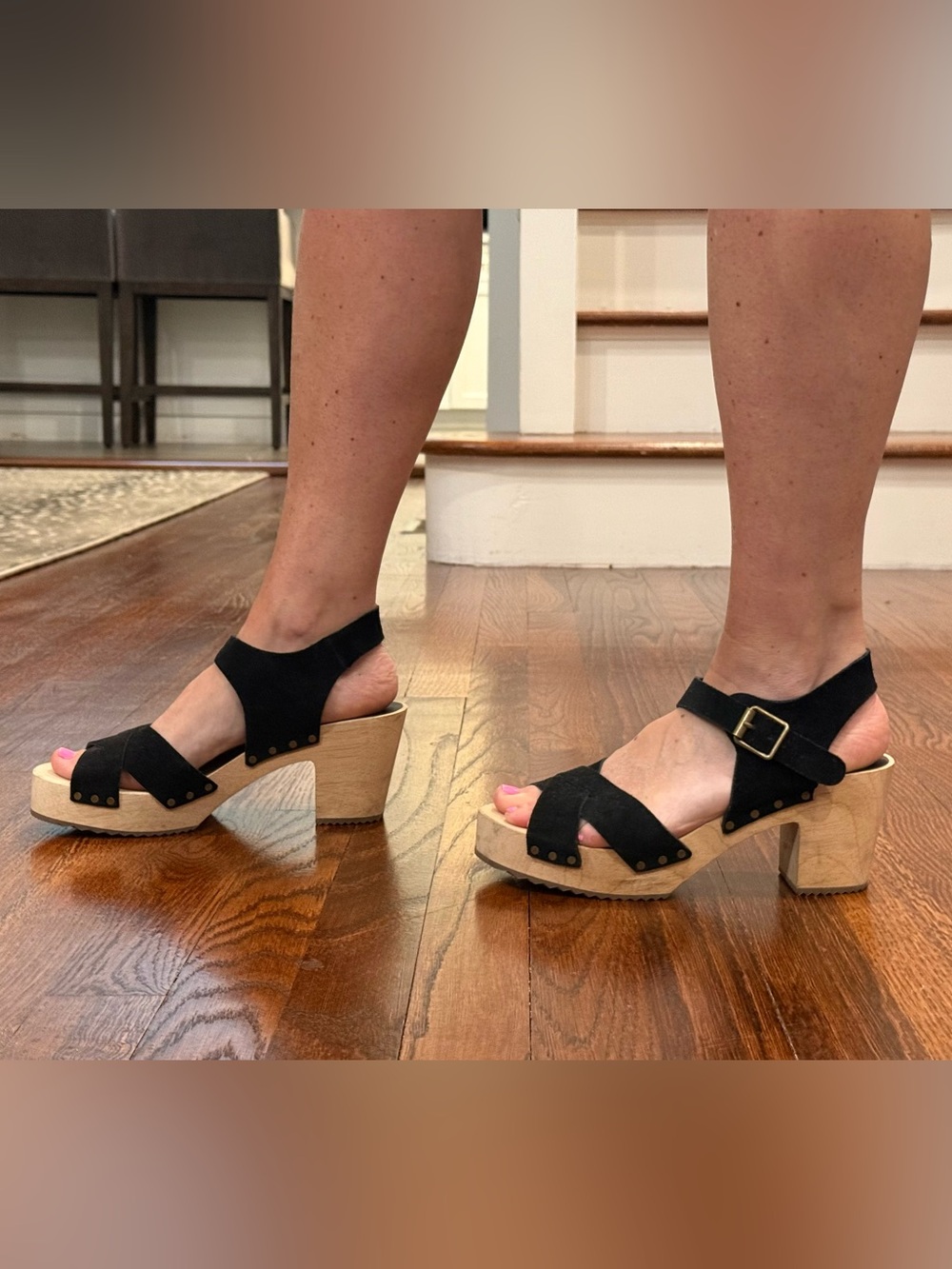 LOFT Black Suede Platform Sandals with Natural Wood Heel